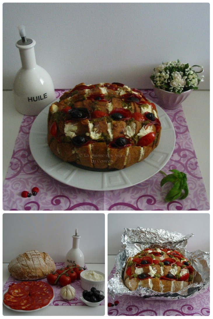 Recette pour l'apéritif, Blooming Bread au chorizo, pesto, olives, fromage de chevre et tomates