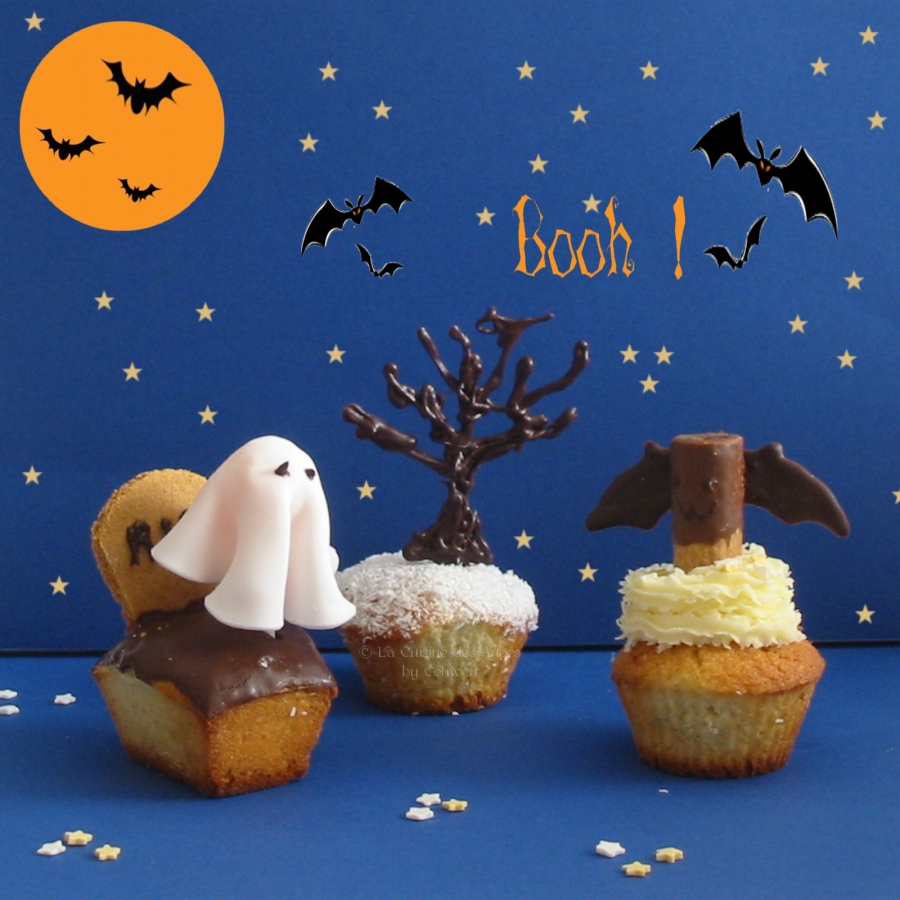 recette de cupcakes à la noix de coco et coeur de chocolat pour Halloween avec fantome et chauve souris